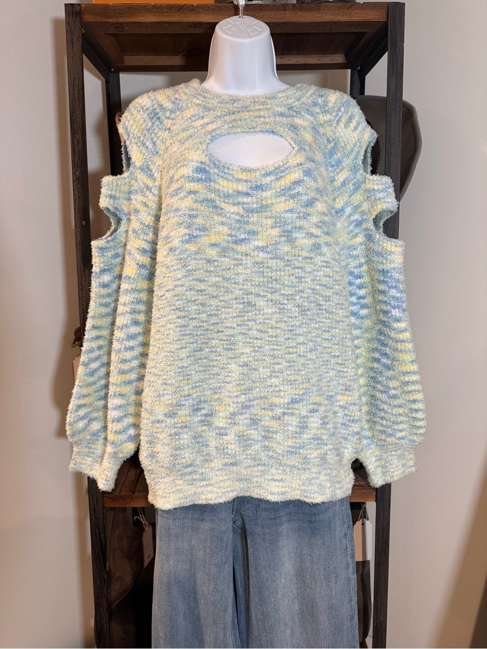 POL Pastel Blue & Yellow Cold-Shoulder Knit Sweater